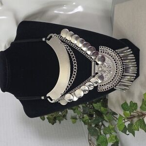 Silver Boho Ethnic Chunky Bib Statement Necklace